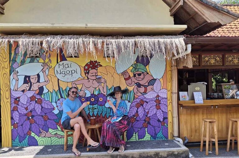 Dennise and Natali Genia and their coffee seedling contribute to our Bali coffee farmer. Photo by Kronebo Pourmore Coffee.