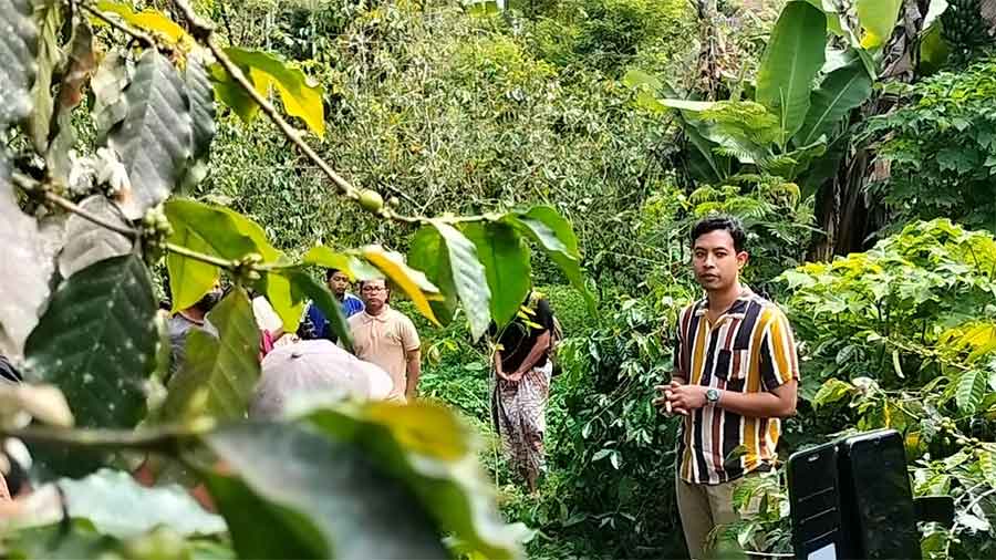 Arya Giri among coffee farmers in Munduk Coffee Plantation. Photo: pourmorecoffee.com